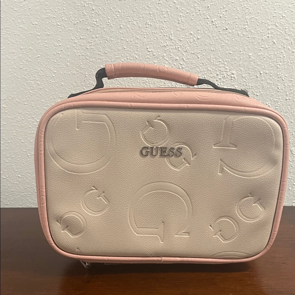 Great Used Condition Guess Pink and Cream Embossed Bag-Lunch Box or Make up Tote